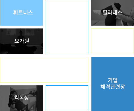 휘트니스, 요가원, PT 스튜디오, 필라테스, 스포츠센터, 크로스핏 스피닝, 킥복싱, 복싱, 기업 체력단련장